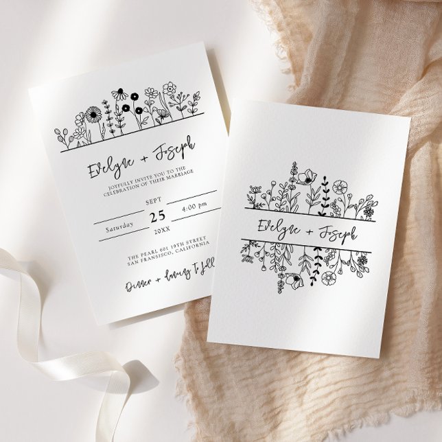 Invitación Boda único del Boho blanco negro de flores silvest (Subido por el creador)