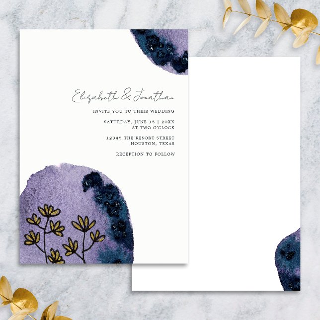 Invitación Boda unico floral de acuarela azul morado (Front/Back)