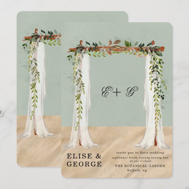 Invitación Boda único tropical de canopas blancas de arena bl (Anverso / Reverso)