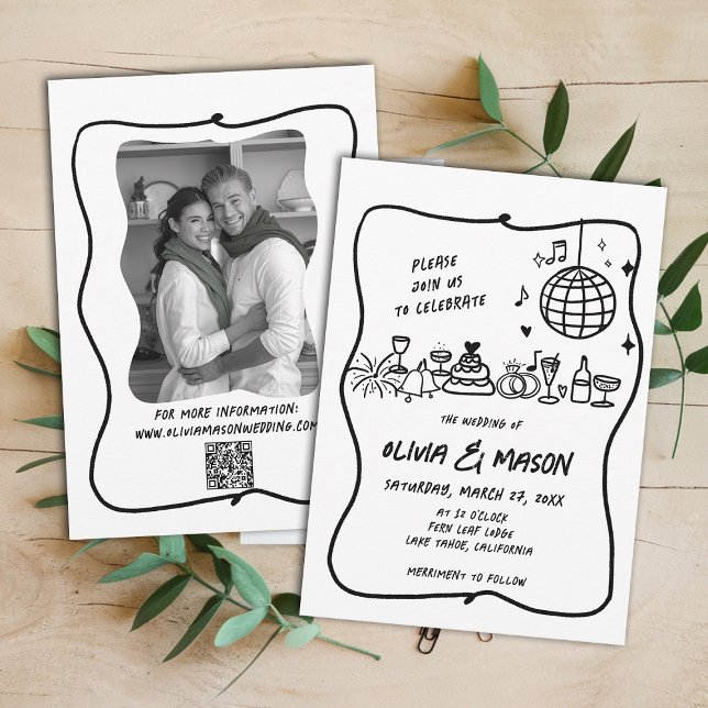 Invitación Boda único y divertida de la mano de la mano (hand drawn wedding invitation doodle illustration squiggle wavy frame black white modern)
