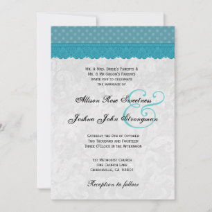 Invitación Boda V001 de los puntos de polka azul y encaje