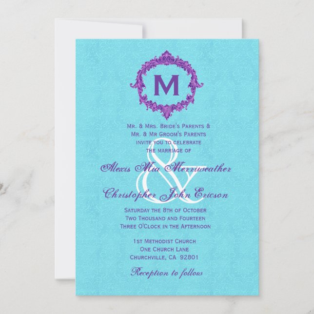 Invitación Boda V022 de color turquesa malva (Anverso)
