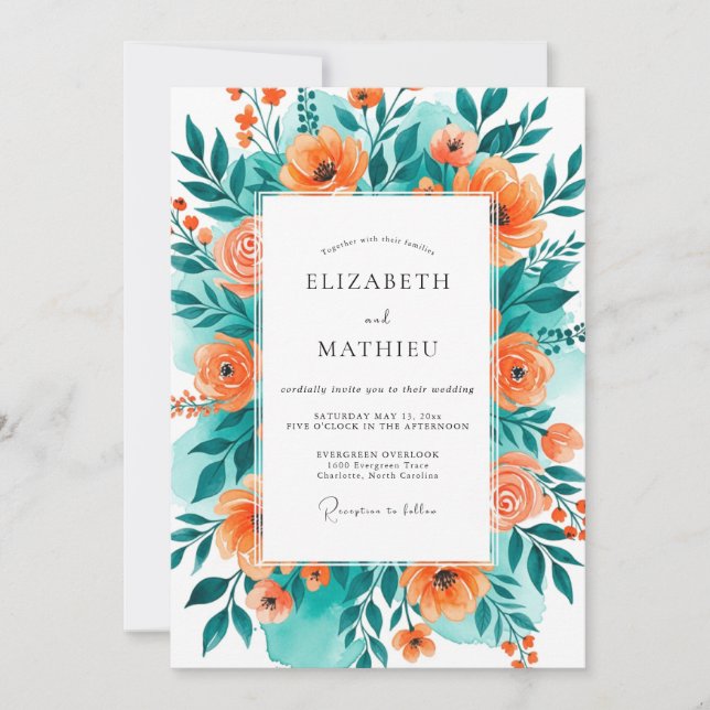 Invitación Boda Veraniega Feliz de Naranja Verde Acuarela (Anverso)
