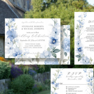 Invitación Boda Veraniega Floral Azul y Blanco Elegante