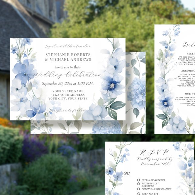 Invitación Boda Veraniega Floral Azul y Blanco Elegante (Subido por el creador)
