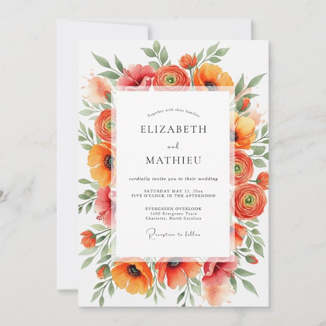 Invitación Boda veraniega naranja vivaz (Anverso)