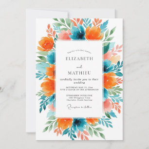 Invitación Boda veraniega vibrante de naranja y azul turquesa