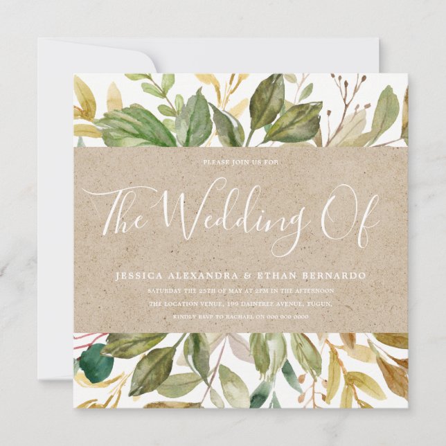 Invitación Boda veraniego de papel de pintura de hoja verde (Anverso)