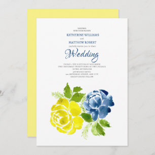 Invitación Boda veraniego floral de color amarillo azul marin