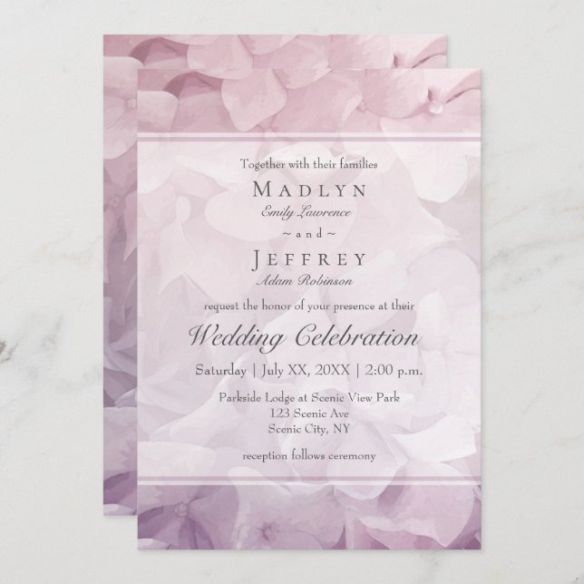 Invitación Boda veraniego Rubor Pink Purple Hydrangea (Anverso / Reverso)