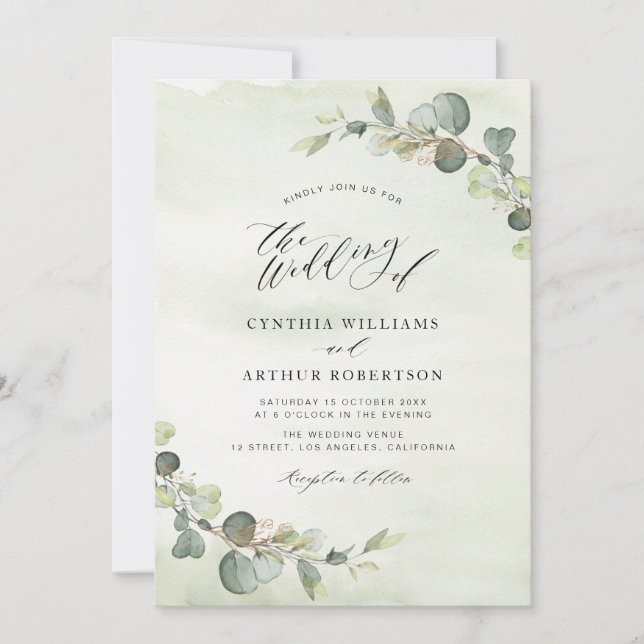 Invitación boda verde acuarela de eucalipto moderno (Anverso)