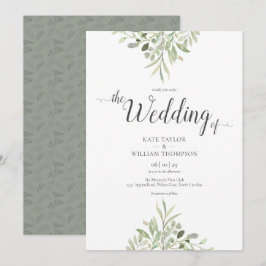 Invitación Boda Verde Acuarela Foliaje Escritura