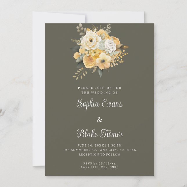 Invitación Boda verde amarillo y floral blanco (Anverso)