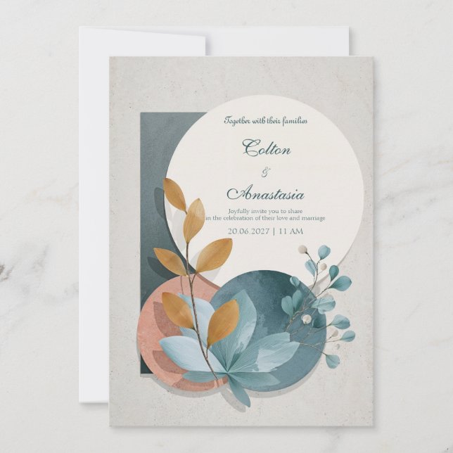 Invitación Boda Verde Azul de Terracota Geométrica Botánica (Anverso)