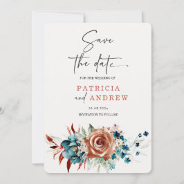 Invitación Boda Verde Azul y Naranja Quemado Guarde la Fecha