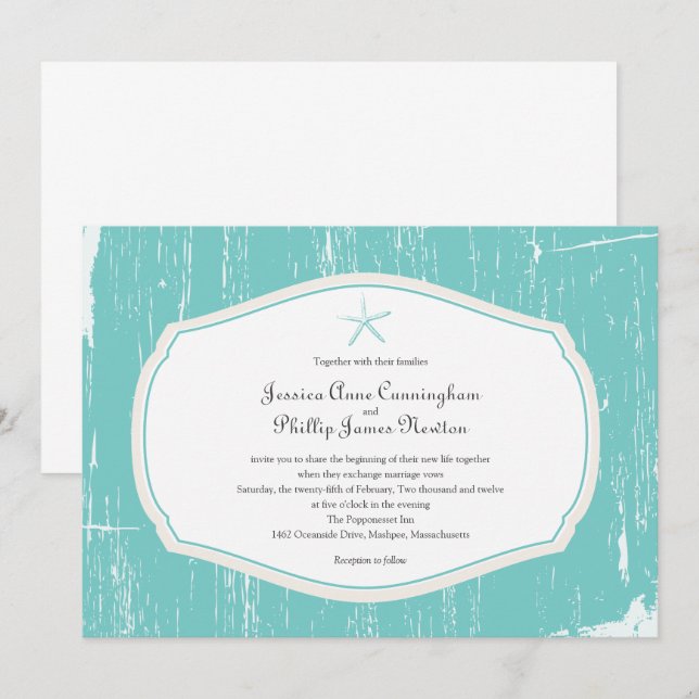 Invitación Boda Verde azulada de Playa Rustica de Starfish (Anverso / Reverso)