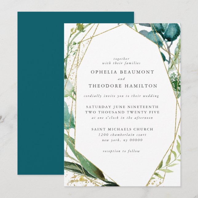 Invitación Boda verde azulada elegante botánica moderna (Anverso / Reverso)
