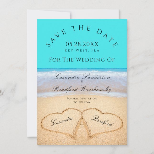 Invitación Boda verde azulada en la playa azul 2 corazones en (Anverso)