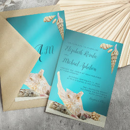 Invitación Boda verde azulada en la playa Blue Aqua Seashell 