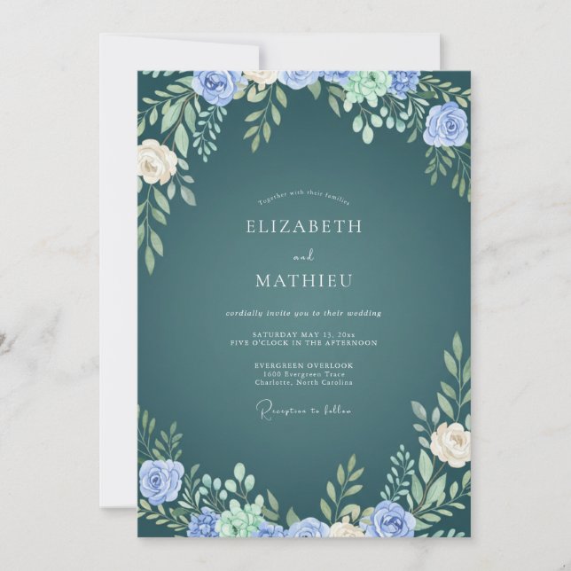 Invitación Boda Verde Azulada Frondosa (Anverso)