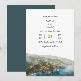 Invitación Boda Verde azulada mínima en la playa de la montañ