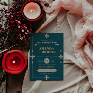 Invitación Boda Verde azulada Oscura y Oro Vintage Elegante