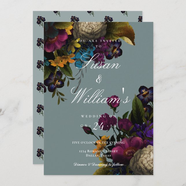 Invitación Boda Verde azulado azul oscuro floral Moody (Anverso / Reverso)