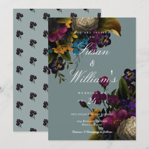 Invitación Boda Verde azulado azul oscuro floral Moody