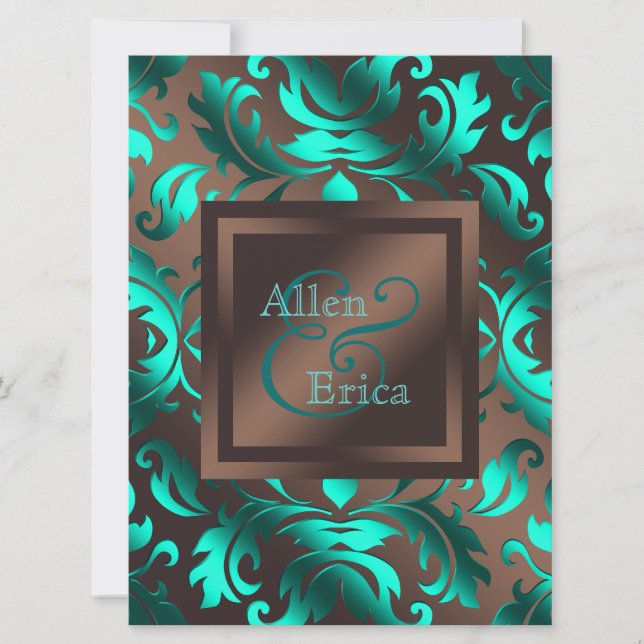 Invitación Boda verde azulado azul y chocolate marrón (Anverso)