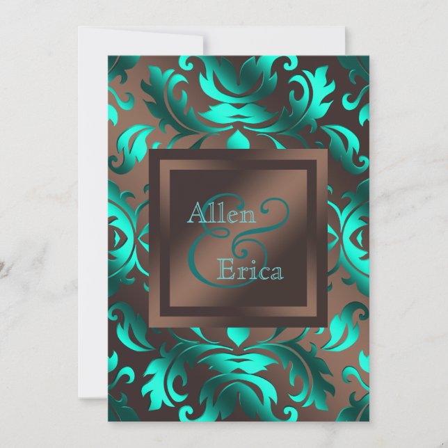 Invitación Boda verde azulado azul y chocolate marrón (Anverso)