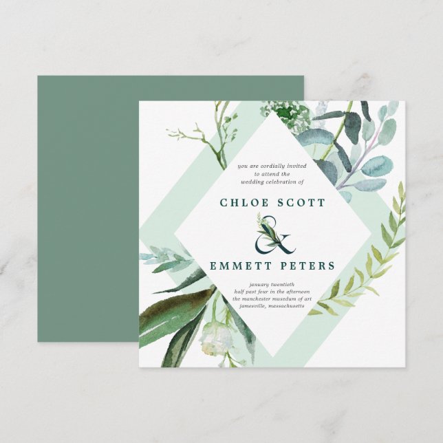 Invitación Boda verde azulado azul y verde de la Plaza Botáni (Anverso / Reverso)