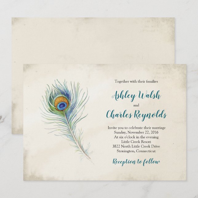 Invitación Boda Verde azulado bohemio de la pluma de pavo rea (Anverso / Reverso)