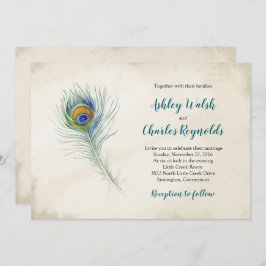 Invitación Boda Verde azulado bohemio de la pluma de pavo rea