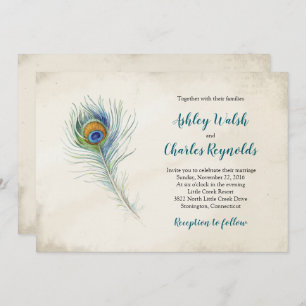 Invitación Boda Verde azulado bohemio de la pluma de pavo rea