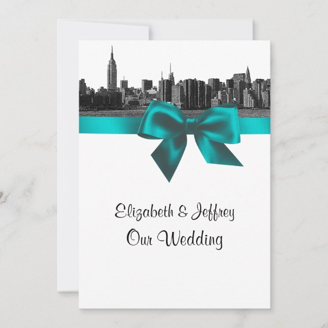 Invitación Boda Verde azulado BW de NYC Wide Skyline Etched (Anverso)