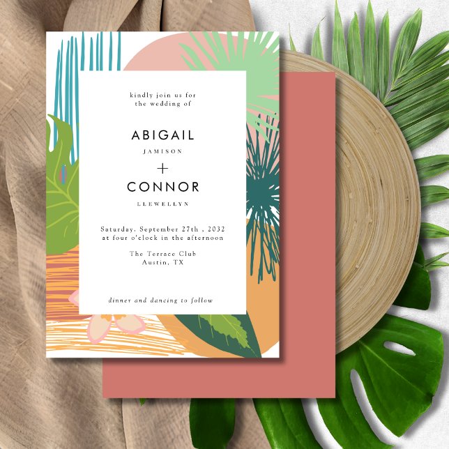 Invitación Boda Verde azulado coral negrita Resumen tropical (Subido por el creador)