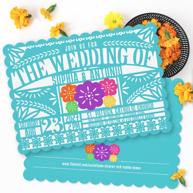 Invitación Boda VERDE AZULADO de bandera de la Fiesta Papel P (Colorful teal papel picado Mexican heritage fiesta flag celebration scalloped wedding invitation )