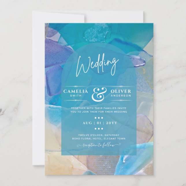 Invitación Boda Verde azulado de Blue Ocean Beach de cristal  (Anverso)