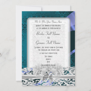 Invitación boda verde azulado de damasco y encaje blanco