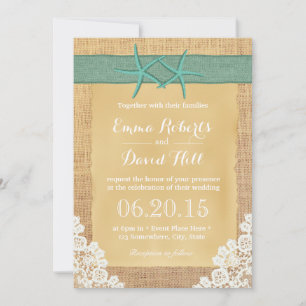 Invitación Boda verde azulado de encaje y burlap de Starfish