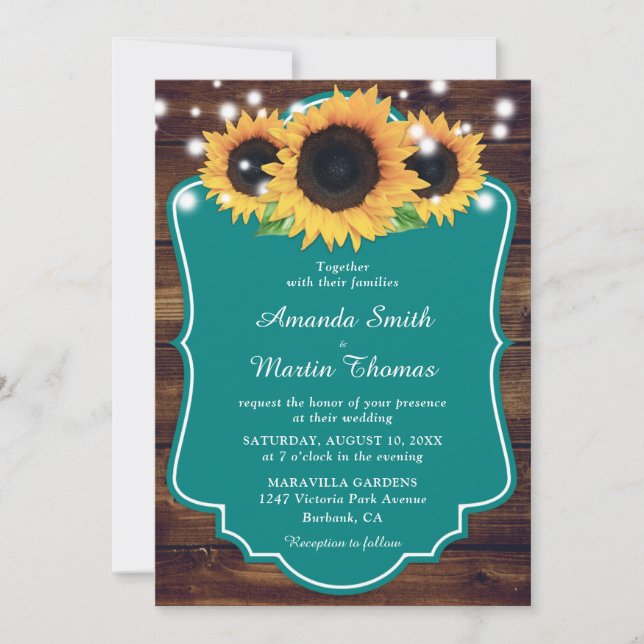 Invitación Boda Verde azulado de girasol de Rustic Wood (Anverso)