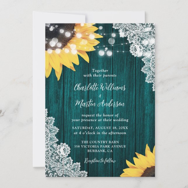 Invitación Boda verde azulado de girasol Rústico Wood Lace (Anverso)