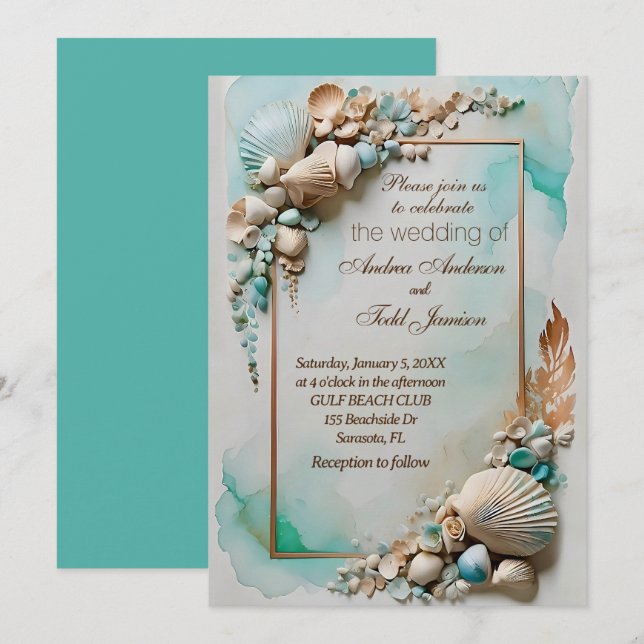 Invitación boda verde azulado de la costa (Anverso / Reverso)