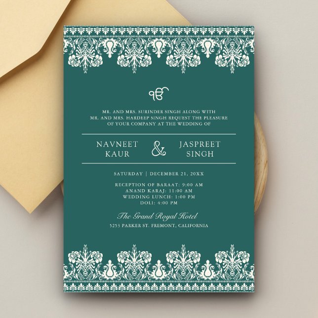 Invitación Boda verde azulado de Marfil Damask Border Anand K (Subido por el creador)