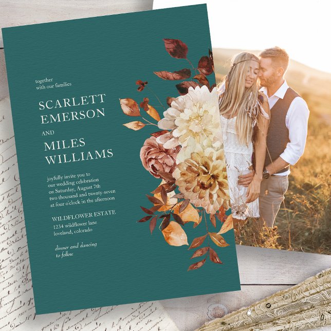 Invitación Boda Verde azulado de otoño (Fall Teal Floral Photo Wedding Invitation by Painted Paperie
)