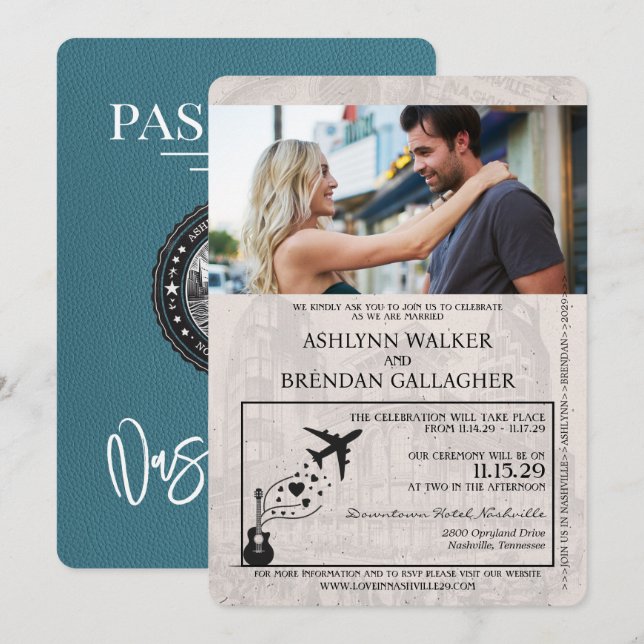 Invitación Boda verde azulado de pasaporte de Nashville (Anverso / Reverso)