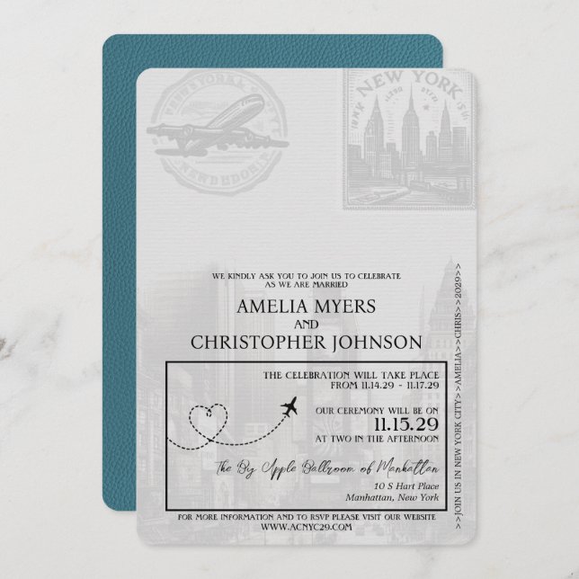 Invitación Boda verde azulado de Pasaportes de Nueva York (Anverso / Reverso)