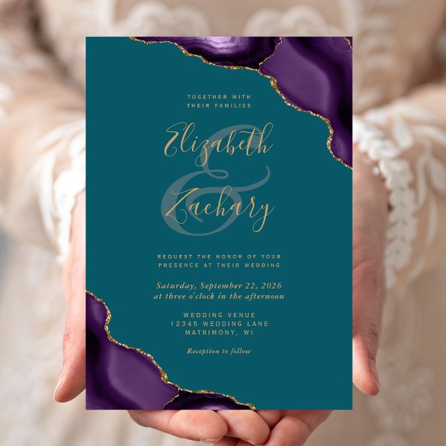 Invitación Boda Verde azulado de Purple Gold Agate Corners (Subido por el creador)
