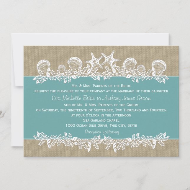 Invitación Boda Verde azulado de Sea Garland (Anverso)