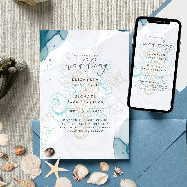 Invitación Boda Verde azulado de Sea Horses Ocean Life Beach (Subido por el creador)